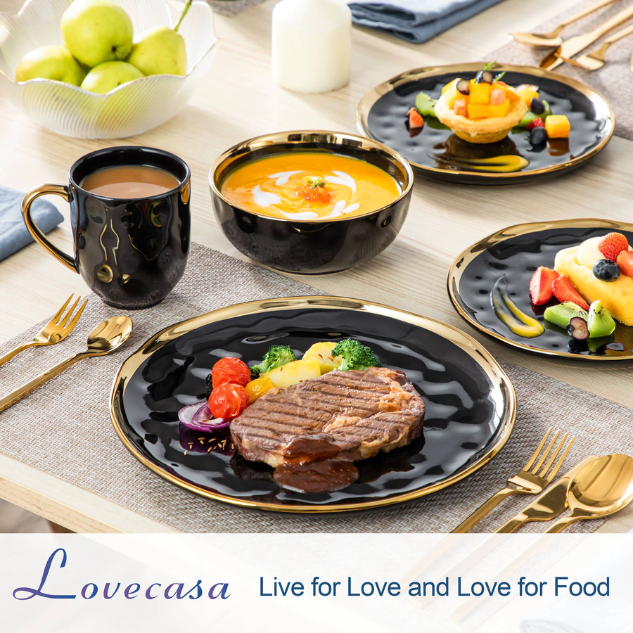 LOVECASA Geschirrset aus schwarzem Porzellan mit Goldverkleidung, Keramik-Set bestehend aus Tellern, Desserttellern, Tassen und Schüsseln - Bild 3