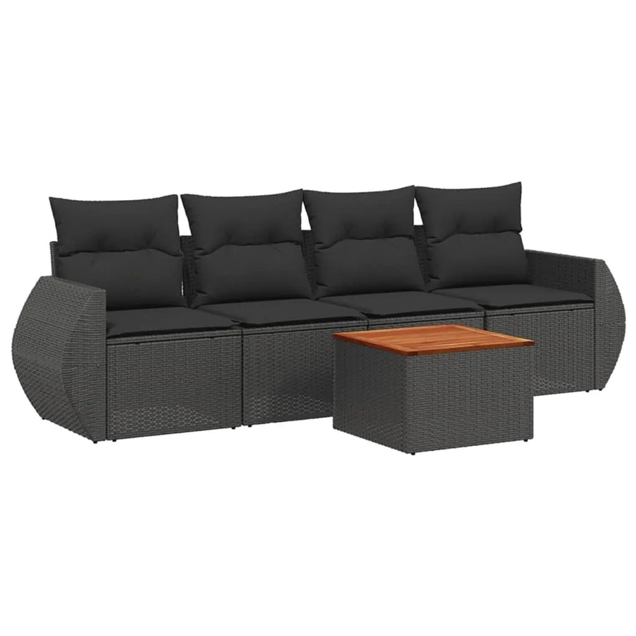 vidaXL 5-teilige Garten-Sofagarnitur aus Poly-Rattan und Akazienholz in Schwarz mit Kissen - Bild 2