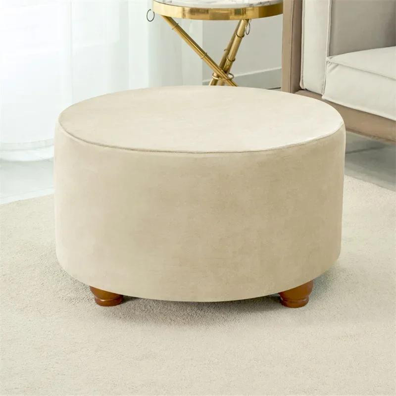 Yiran Furniture Runde Hockerbezüge aus superweichem Samt in Beige, elastischer Möbelprotektor für Fußhocker, Größe M - Bild 2