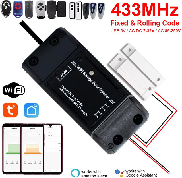 Tuya Smart WiFi Garagentor Türöffner mit 433MHz HF-Empfänger und Türsensor in Schwarz, kompatibel mit Alexa - Bild 1