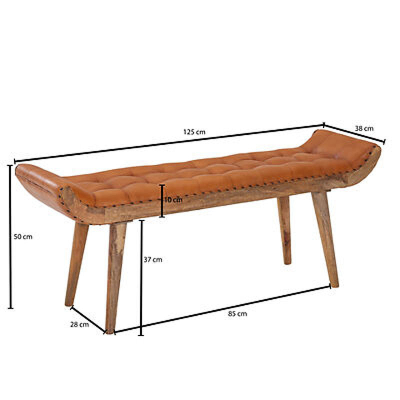 Wohnling Sitzbank aus braunem Ziegenleder im Chesterfield-Muster mit Mango Massivholz, B/H/T: 125 x 38 x 50 cm - Bild 4