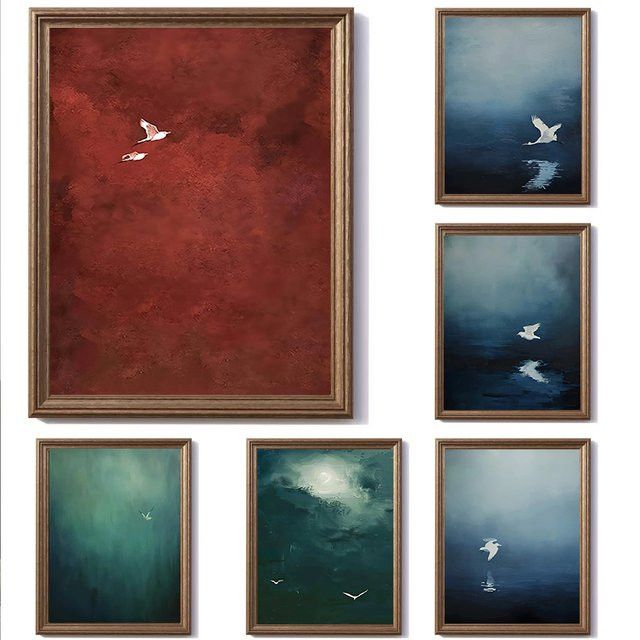 Potdemiel Leinwandgemälde Vintage fliegende Vögel und Reiher, abstraktes surrealistisches Poster als minimalistische Wandkunst für dein Wohnzimmer oder den Eingangsbereich - Bild 1