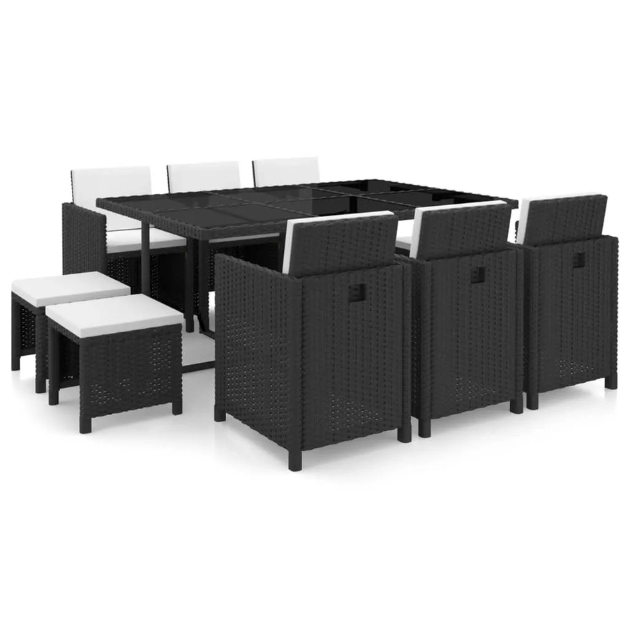 vidaXL 11-tlg Garten-Essgruppe aus Poly Rattan in Schwarz mit Glas-Tischplatte und Auflagen - Bild 2