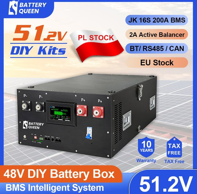 BATTERY QUEEN DIY 48V LiFePO4 Batteriegehäuse-Kit mit JK 16S 200A Smart BMS 51,2V Bluetooth, 280Ah BT LCD und 2A Active Balancer in Schwarz für Solar-Anwendungen - Bild 1