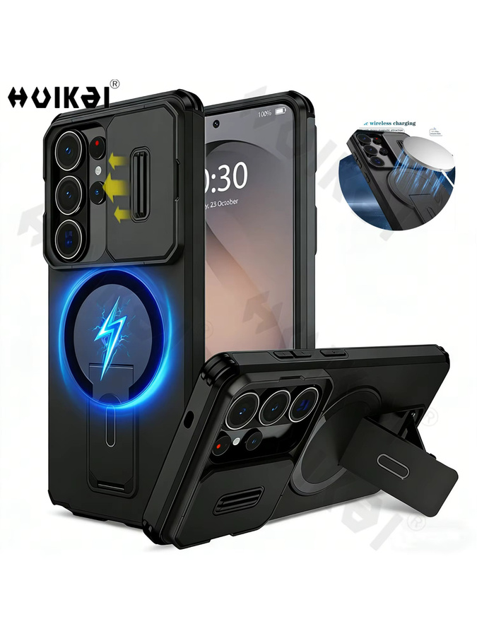 Huikai Stoßfeste Handyhülle für Samsung Galaxy S26 Ultra mit Ständer, Schiebe-Kameraabdeckung und MagSafe-Kompatibilität, Schwarz - Bild 7