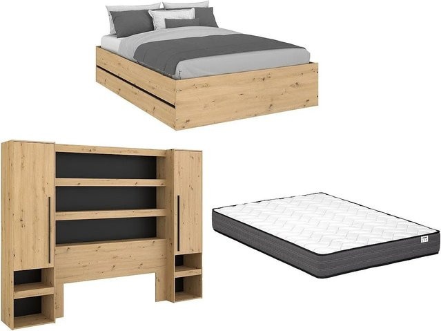 Ludaro Bett mit Bettkasten Schwarz und Naturfarben Hell B/T/H: 140 x 190 cm - Bild 1