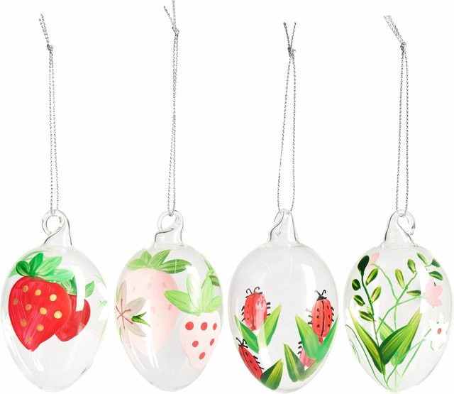 Rico Design Glas Eier mit Erdbeeren und Marienkäfern für deine Osterdekoration, 4 Stück, transparent - Bild 1