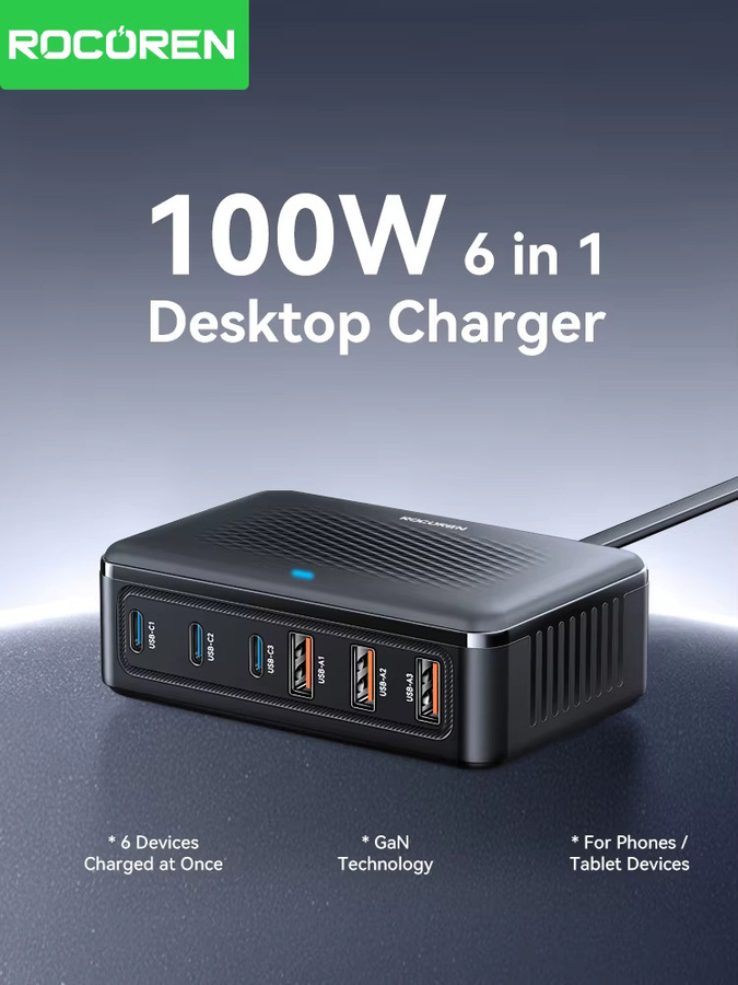Rocoren USB-Ladegerät 100W GaN Desktop-Schnellladestation mit 6 Ports in Schwarz - Bild 6