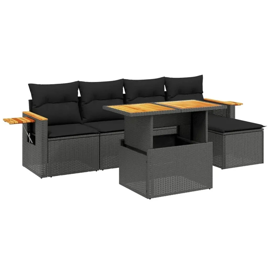 vidaXL 6-teilige Garten-Sofagarnitur in L-Form aus schwarzem Poly-Rattan mit Kissen und pulverbeschichtetem Stahlrahmen - Bild 2