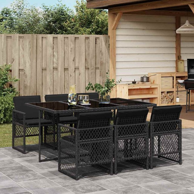 vidaXL 7-tlg Garten-Essgruppe aus Poly-Rattan mit Kissen und Hartglas, Schwarz - Bild 3