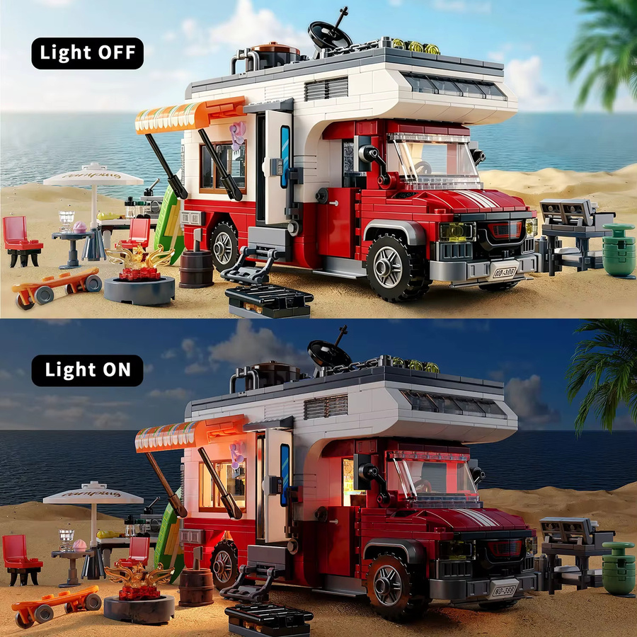 CONUSEA Urlaubs-Campingbus-Bausatz, Wohnmobil-Modell, mit LED-Beleuchtung und Outdoor-Grillzubehör - Bild 4