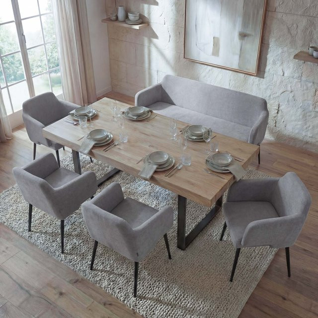 Esszimmer-Set MCW-L13 mit 4er-Set Stühlen und Sitzbank in Grau aus Stoff und Textil - Bild 1