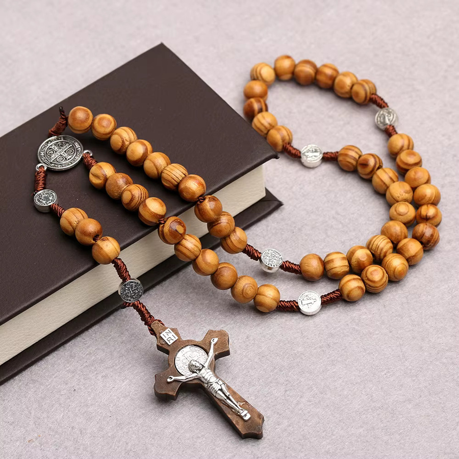 WKOUD Halskette, Holz Perlen, INRI Kruzifix Kreuz Anhänger, Unisex - Bild 3