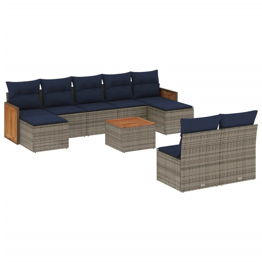 vidaXL 10-tlg. Gartensofa-Set aus Polyrattan in Grau mit Kissen, 3-Sitzer-Sofa, Ottoman und Couchtisch für Terrasse und Garten - Bild 2
