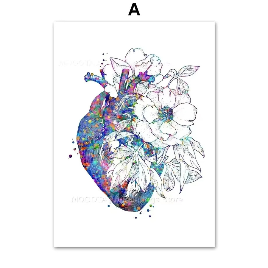 Potdemiel Anatomie Wandkunst Leinwandbild mit Aquarell Blumen und Organen wie Herz, Gehirn, Lunge und DNA in Mehrfarbig - Bild 2