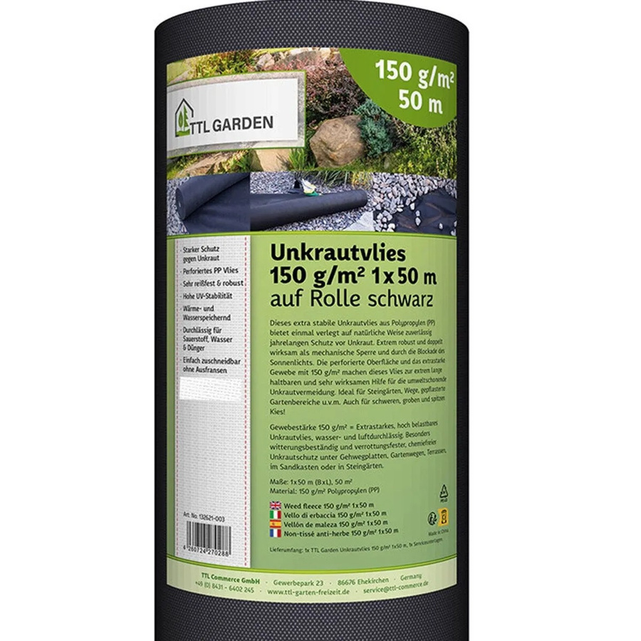 TTL GARDEN Unkrautvlies Schwarz, 150g/m², 1 x 50 m, 50m² Rolle, extra starkes Mulchvlies für Garten, Wege und Beete, wasserdurchlässig und UV-stabil - Bild 2
