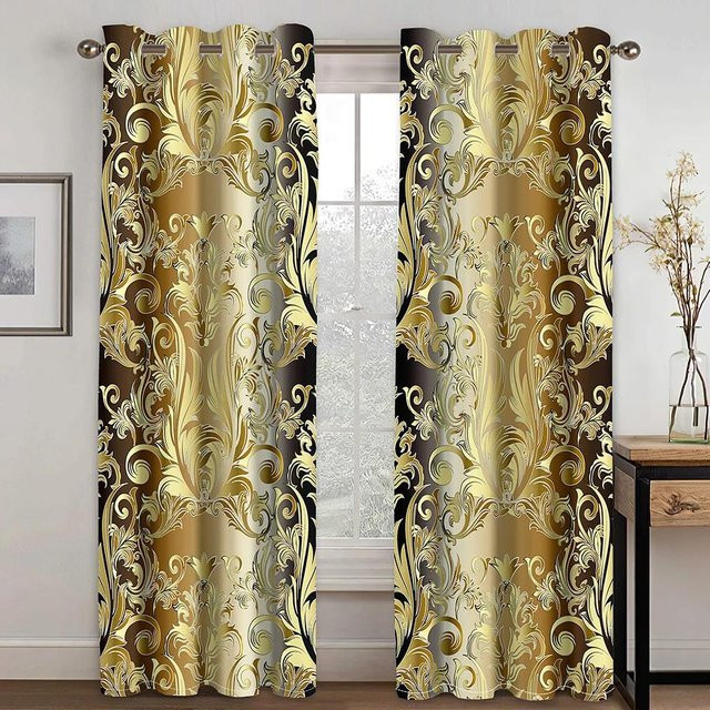 Yiran Furniture Luxus-Vorhänge mit abstraktem Barock-Druck aus Polyester, 2er-Set, Gold, semi-transparent, Breite: 50 cm, Höhe: 130 cm - Bild 1