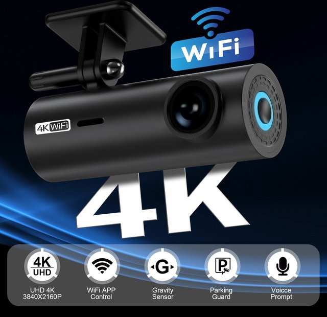 GMAIPOP 4K UHD Auto-Dashcam DVR-Recorder mit WLAN, App-Steuerung und Sprachsteuerung, Black Box mit 24-Stunden-Parküberwachungsfunktion, Schwarz - Bild 1