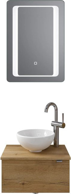 Pelipal Badmöbel-Set Halifax Serie 6915 in Eiche mit Keramik Aufsatzbecken, Waschtischunterschrank und Funktionsspiegel mit LED-Beleuchtung und Sensor-Schalter, Breite: 51 cm - Bild 1