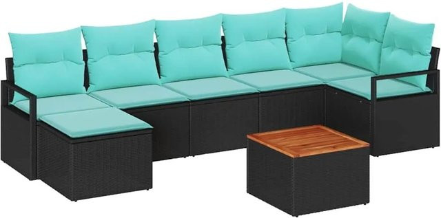 vidaXL Gartensofa-Set aus Poly-Rattan und Akazienholz in Schwarz, 8-teiliges L-Shape Lounge-Set mit Kissen für Garten, Balkon und Terrasse - Bild 1
