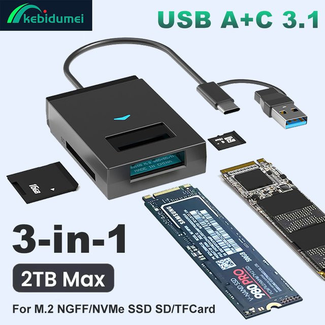 Kebidu M.2 NVMe NGFF SSD-Gehäuse mit 10Gbps USB-C Anschluss und SD-TF-Kartenleser, Schwarz - Bild 1