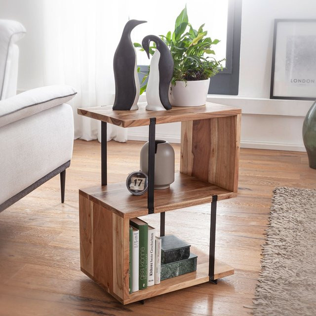 FineBuy Beistelltisch S-From aus Akazie und Metall in Braun/Schwarz, B/T/H: 45 x 60 x 30 cm - Bild 1