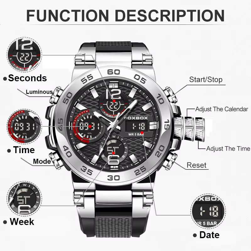 FOXBOX Digitaluhr, Chronograph, Silikon, Schwarz, Herren - Bild 3