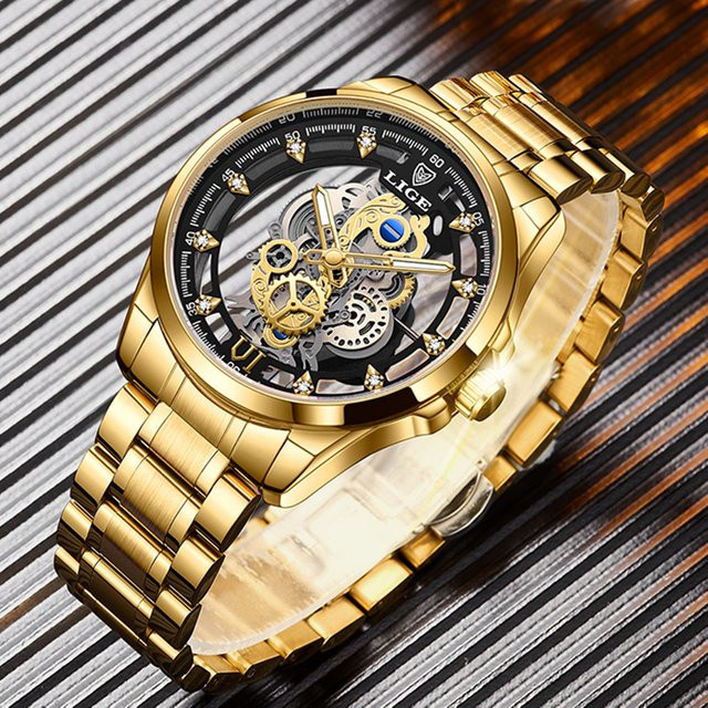 LIGE Armbanduhr, Quarz, Edelstahl, Gold, Schwarz, Herren - Bild 1