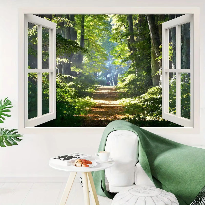 BRUP Kunst-Wandaufkleber mit Wald-Motiv und Fenster-Effekt, mehrfarbig, rechteckig - Bild 2