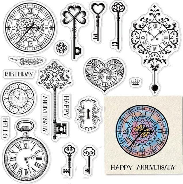 Transparenter Gummistempel mit Schlüssel und Taschenuhr Motiv für Scrapbooking und Kartenherstellung - Bild 1