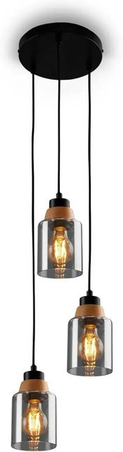 Briloner Pendelleuchte Royk Vintage mit Rauchglas und Holzapplikation, E27, Schwarz-Braun-Transparent - Bild 1