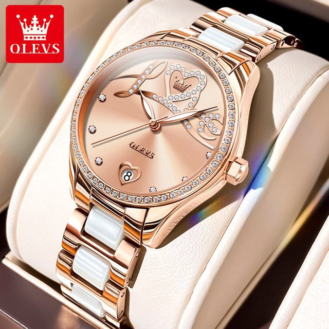 OLEVS Armbanduhr Automatik, Edelstahl, Roségold, Diamantbesetzt, Damen - Bild 1