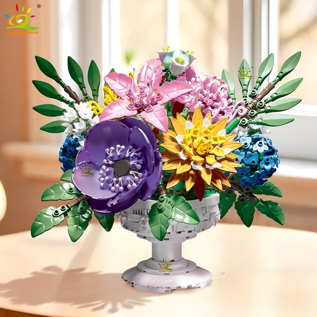 HUIQIBAO Blumenstrauß Modell Baustein Set mit 1081 Teilen, Mehrfarbiger MOC Bau Spielzeug für Kinder und zur Dekoration - Bild 1
