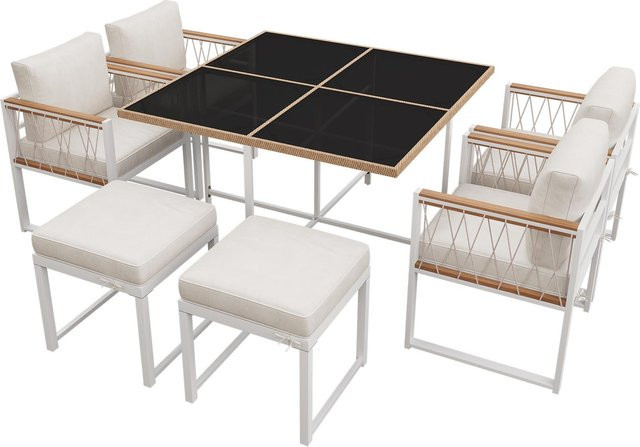 7-teiliges Outdoor Esstisch- und Stuhlset von GL Store aus Polyrattan mit gehärteter Glasplatte und Sitzkissen für 6 Personen in Schwarz-Weiß - Bild 1