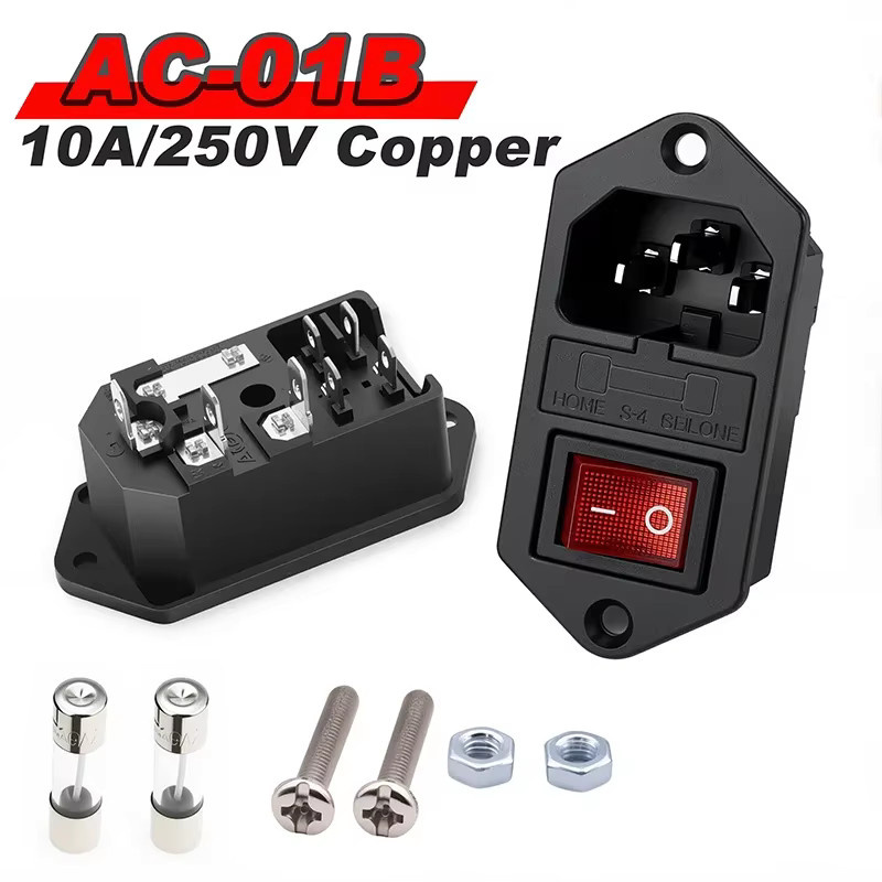 5er Set AC-01B IEC320 C13 Elektrische Buchse mit roter LED, 4-Pin Rocker-Schalter und 10A Sicherung, Einlass Buchse in Schwarz und Rot - Bild 2
