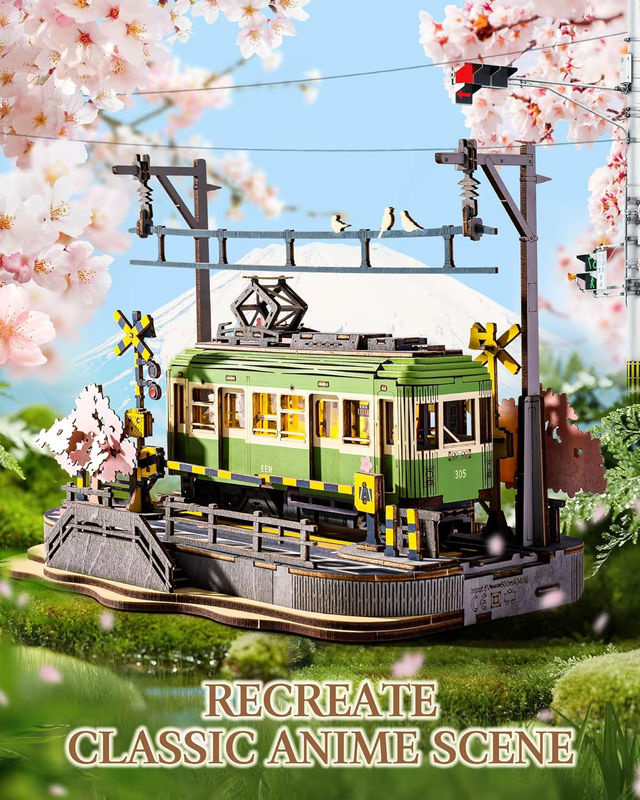 Robotime Sakura Journey Tram 3D-Holzpuzzle mit LED-Leuchten in Grün - Bild 3