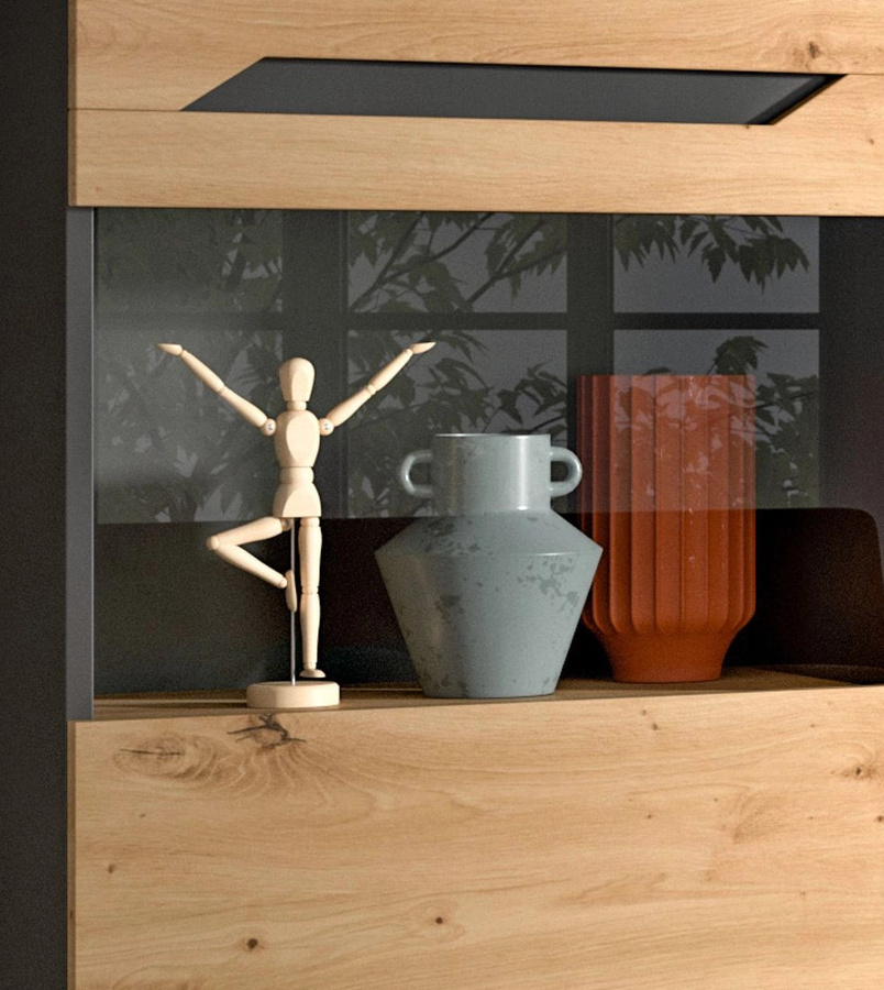 Moderne Wohnwand Aversa in Eiche und Grau mit Vitrine und Lowboard, Breite: 254 cm - Bild 3