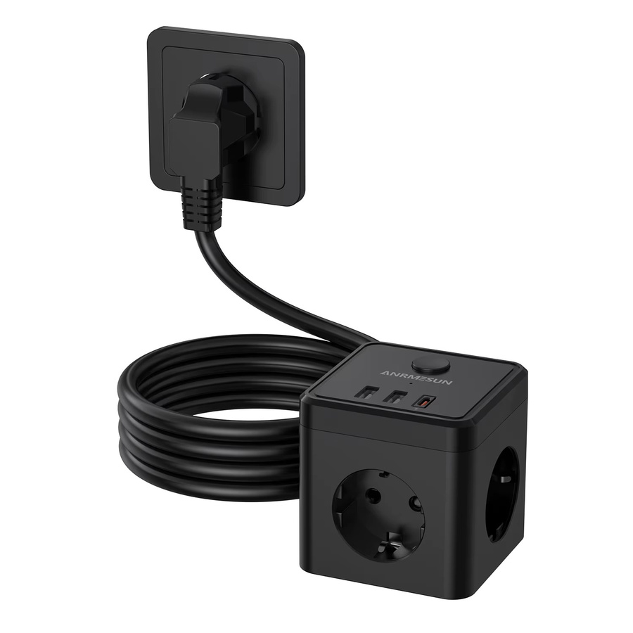 ANRMESUN 6-in-1 Steckdosenleiste in Schwarz mit 2m Verlängerungskabel, 3 AC-Steckplätze, 2 USB-Anschlüsse, 1 USB-C Anschluss mit PD 20W Schnellladung, max. 3680W (16A) - Bild 4