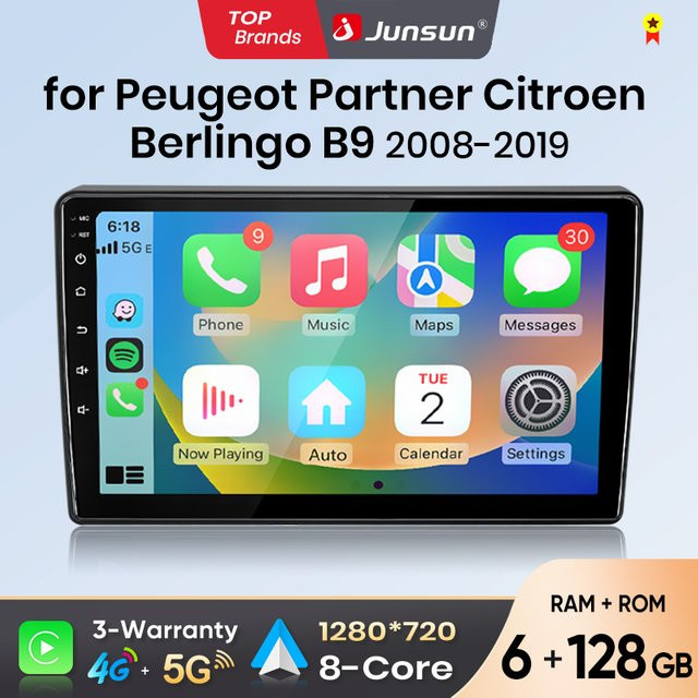 Junsun Android Auto Autoradio mit Wireless CarPlay, GPS und Bluetooth für Citroen Berlingo B9 und Peugeot Partner 2008-2019, Schwarz - Bild 1