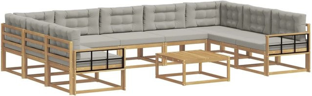 vidaXL Outdoor-Sofagarnitur in U-Form aus Akazienholz mit 10 Kissen in Weiß und Hellgrau - Bild 1