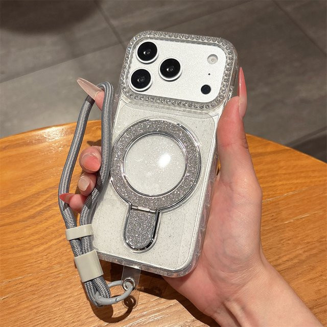 Lolozzx Glitzer-Handyhülle mit Magnetständer und Lanyard für iPhone 11 bis iPhone 17 Air, Transparent/Silber, stoßfeste Schutzhülle - Bild 1
