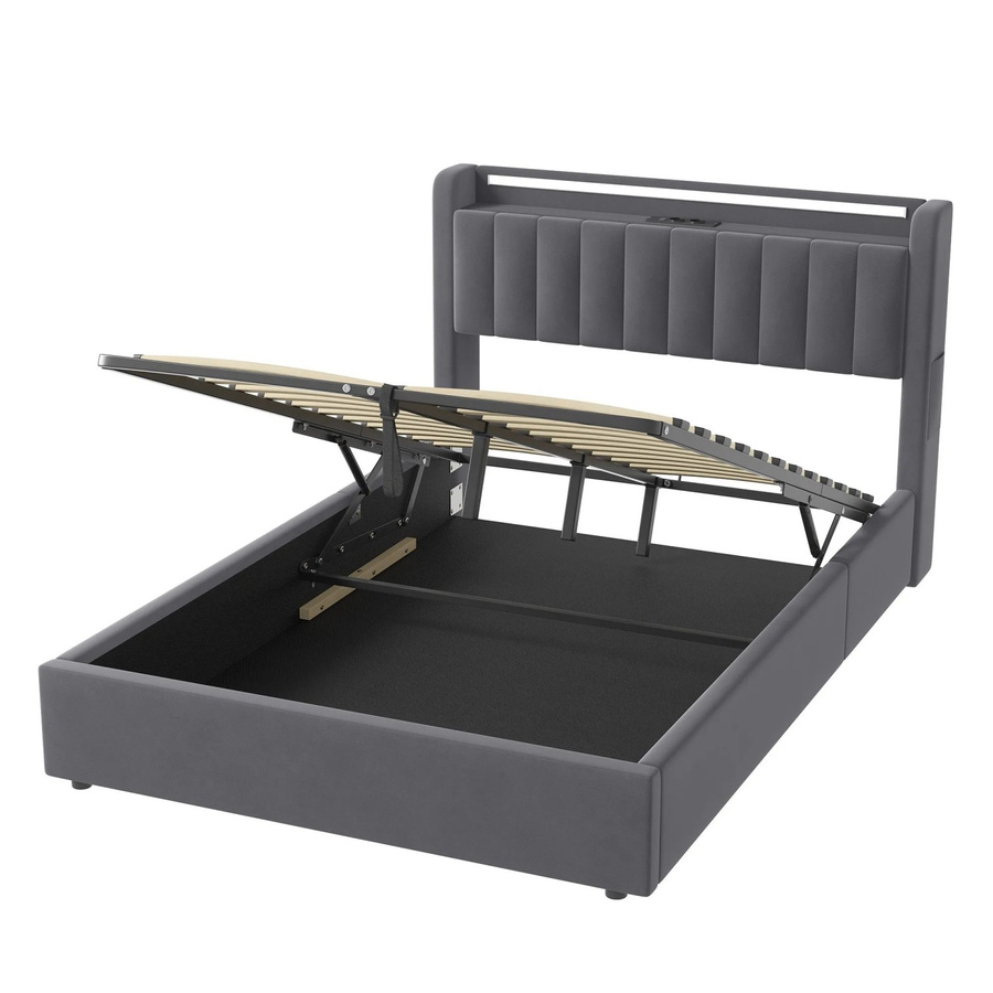 okwish Polsterbett mit Bettkasten und LED-Licht in Grau, B/T/H: 140 x 200 x 143,5 cm mit USB-Anschluss und integrierter Leselampe - Bild 2