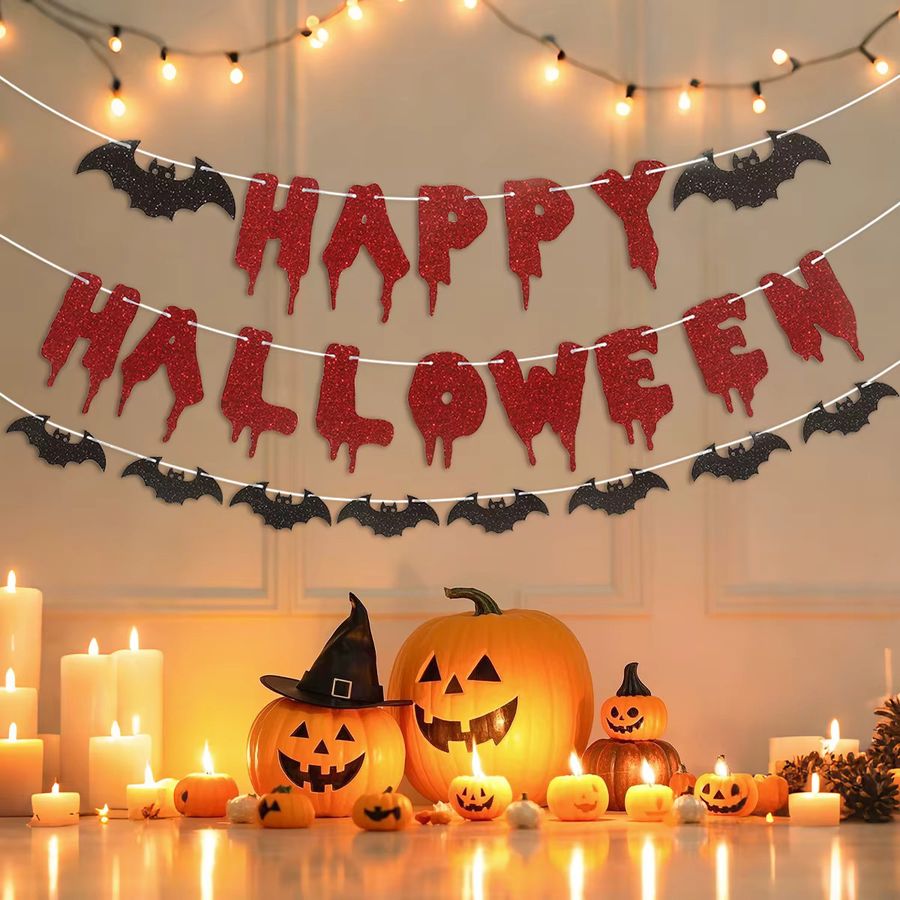 PATIMATE Halloween Dekoration Banner mit Geistern und Fledermäusen als Hängegirlande aus Papier - Bild 3