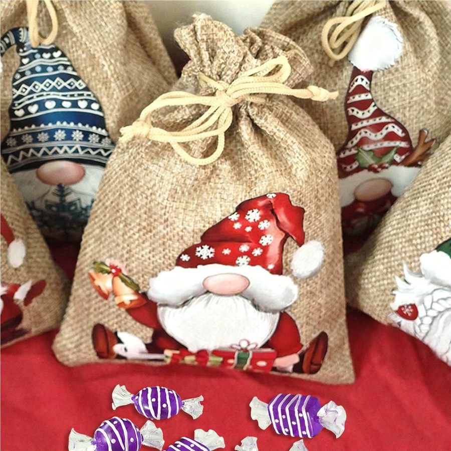 12-teiliges Set Weihnachts-Süßigkeitstüten aus Jute mit Zwerg-Dekoration in Mehrfarbig für Weihnachten und Neujahr - Bild 3