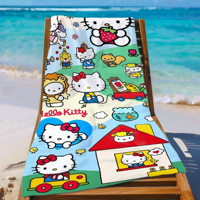Sanrio Hello Kitty Badetuch aus Mikrofaser, schnelltrocknend und saugfähig, B/H: 70 x 140 cm, Mehrfarbig - Bild 1