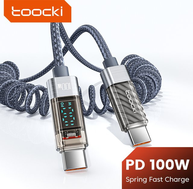Toocki PD100W USB-C-auf-C-Spiralkabel mit Digitalanzeige in Grau für schnelles Laden von iPhone, Samsung, Xiaomi und Huawei - Bild 1
