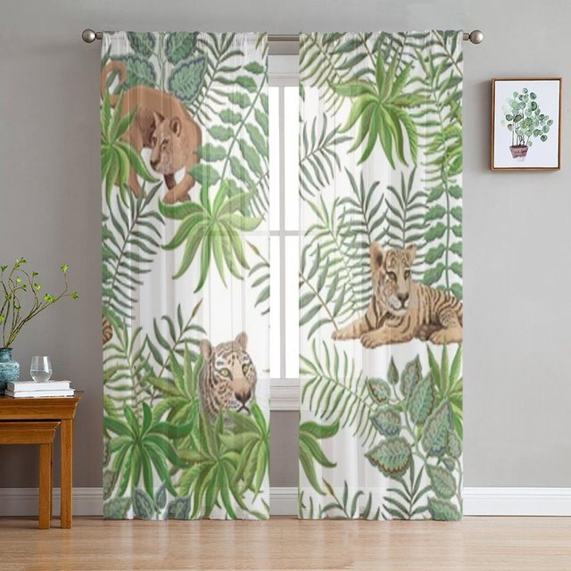 Yiran Furniture Transparente Voile Tüll Vorhänge mit Dschungel Safari Tier Elefant Motiv, 2er Set, B: 50 cm, H: 130 cm - Bild 1