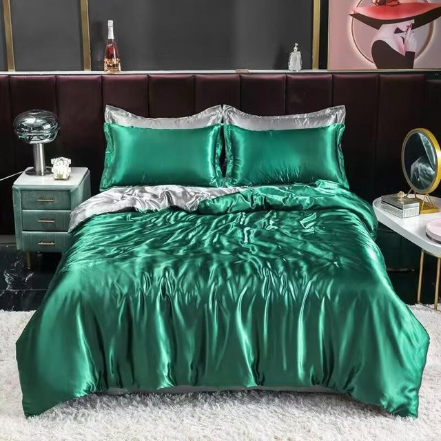 Bin Chi Textiles Bettwäsche-Set aus Seide, 3-teilig, Grün, Kühlend für den Sommer, B/T: 150 x 200 cm - Bild 1