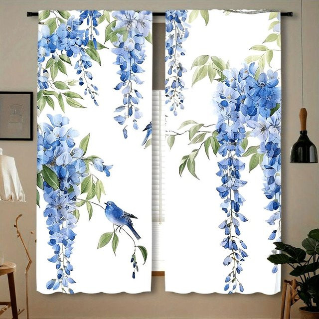 2er-Set halbtransparente Vorhänge mit Sonnenblumen-Print in Gelb und Blau, moderne Fensterdekoration aus Polyester für Schlafzimmer, Büro und Wohnzimmer, B: 100 cm, H: 130 cm - Bild 1