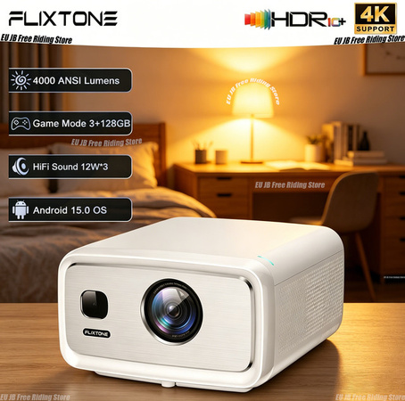 Flixtone D10S Smart Beamer mit Android 15.0, 4000 ANSI Lumen, Full HD 1080P, 4K Dekodierung, HDR10+, MEMC und Autofokus, Weiß